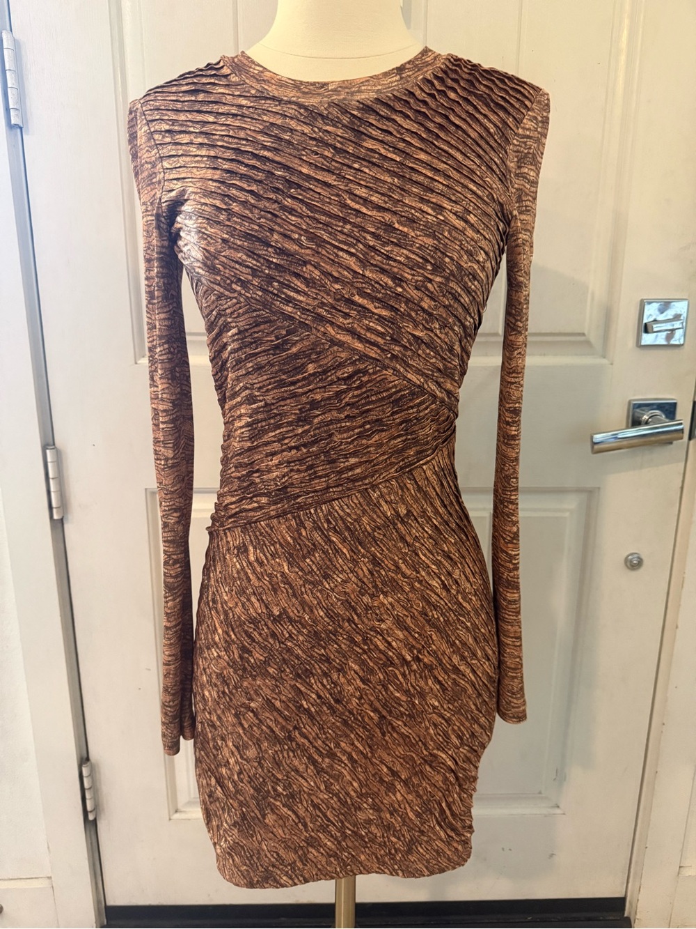 Torn by Ronny Kobo Long-Sleeve multi Textured Bodycon Dress woodgrain print XS